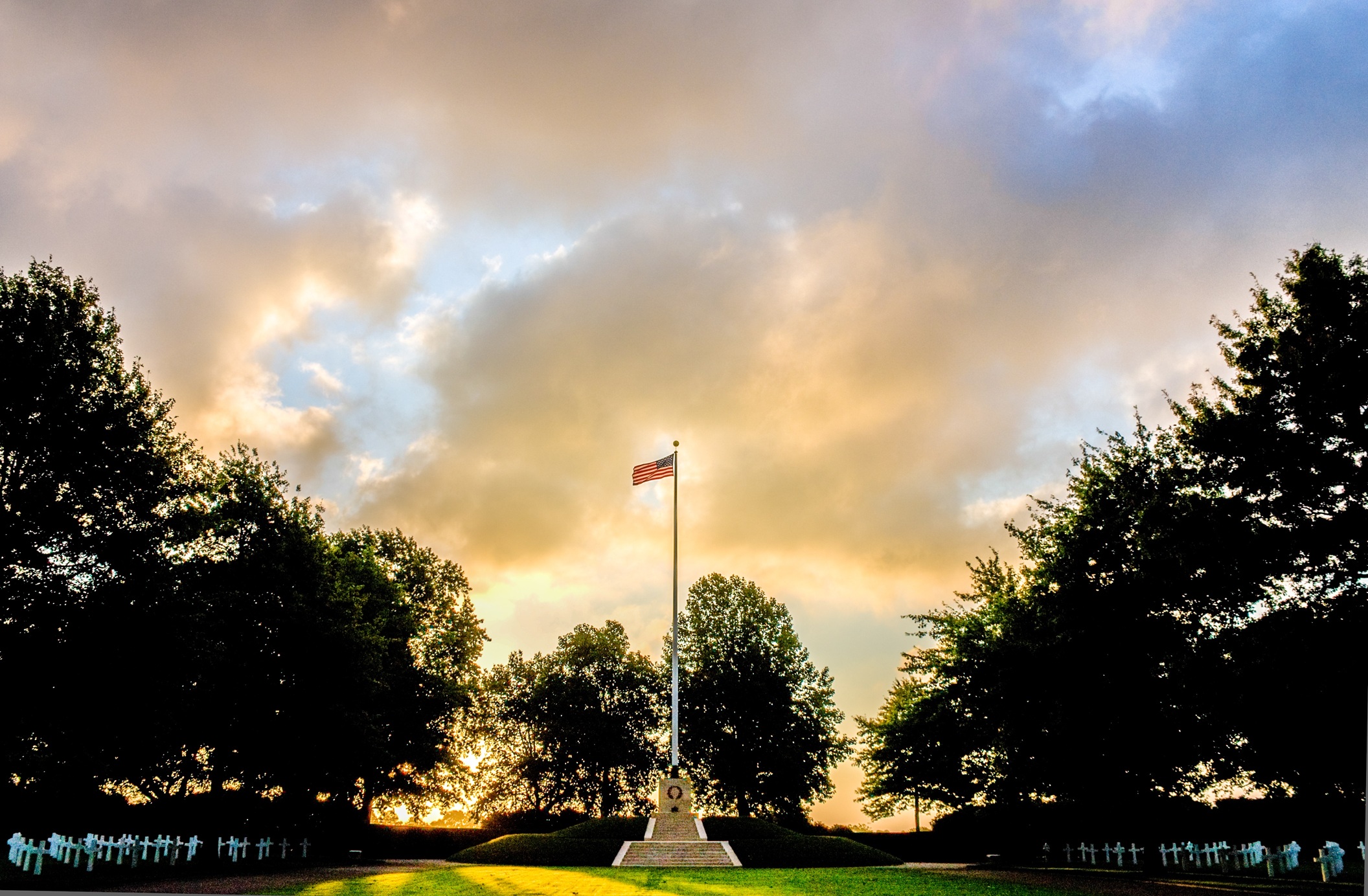 Sunrise over Netherlands American Cemetery, in Margraten, Netherlands