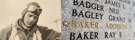 Photograph of Lt. Col. Addison Baker and photograph of the rosette placement next to his name on the Tablets of the Missing at the Florence American Cemetery.