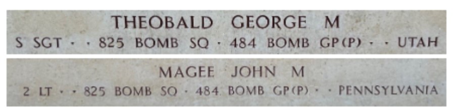 Names of Staff Sgt. George M. Theobald and 2nd Lt. John M. Magee on the wall of the missing at Epinal American Cemetery. Credits: American Battle Monuments Commission. 