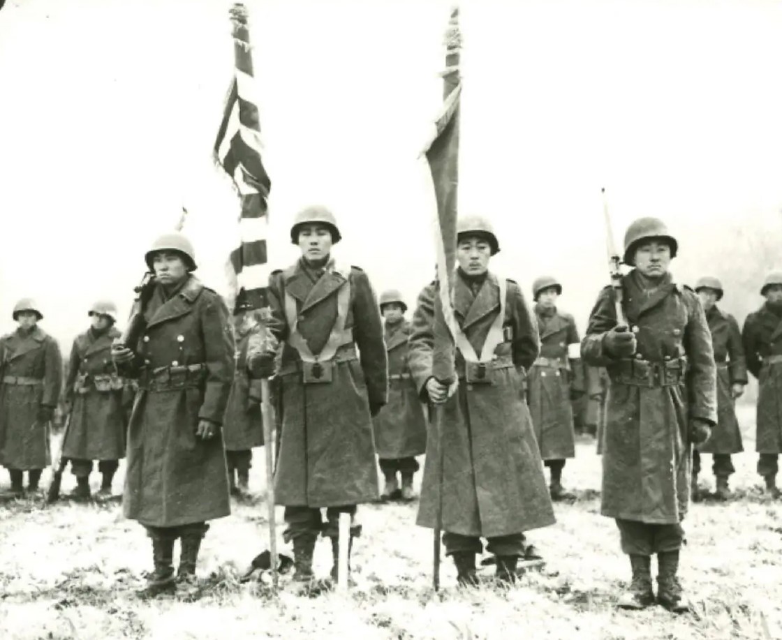 Picture of the 442nd Regimental Combat Team in France during World War II. Credits: U.S. Army Signal Corps, Bruyères, 1944.