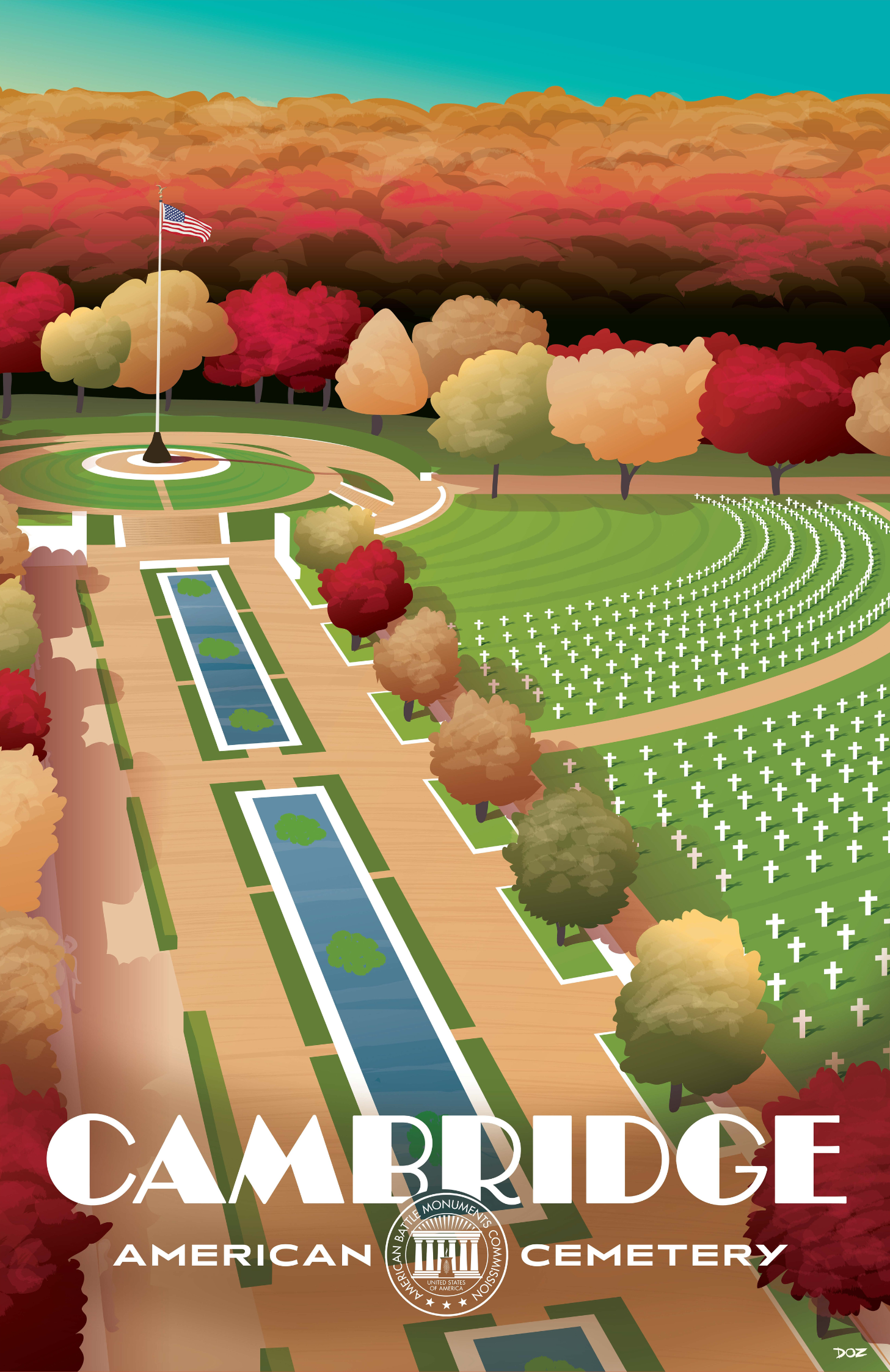 Vintage poster of Cambridge American Cemetery created to mark ABMC Centennial