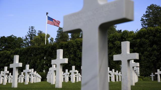 The Stars and Stripes in the background of the Meuse-Argonne American Cemetery in France, the final resting place for more than 14,000 Americans who gave their lives in World War I, June 16, 2015. ABMC photo