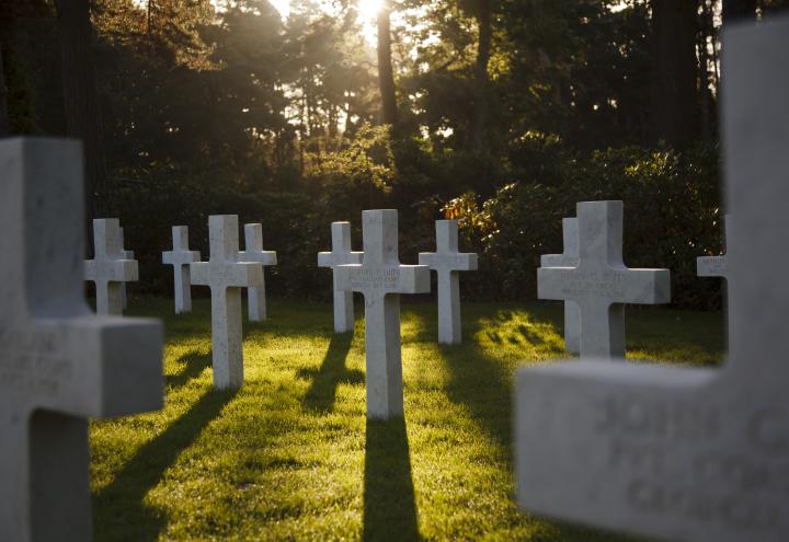 White Marble Headstones Mark Graves of U.S. Fallen Service Members at an ABMC Cemetery