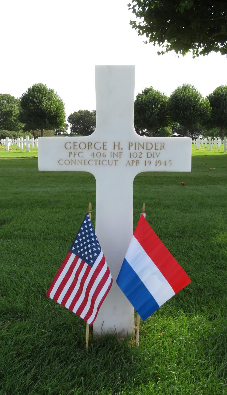 Photograph of Private First Class George H. Pinder’s headstone at Netherlands American Cemetery